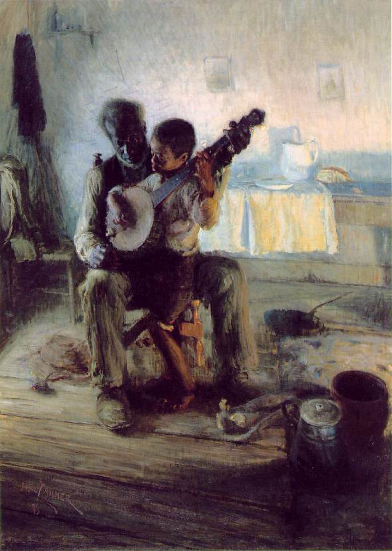 An elder teaches a child the banjo in a warm interior