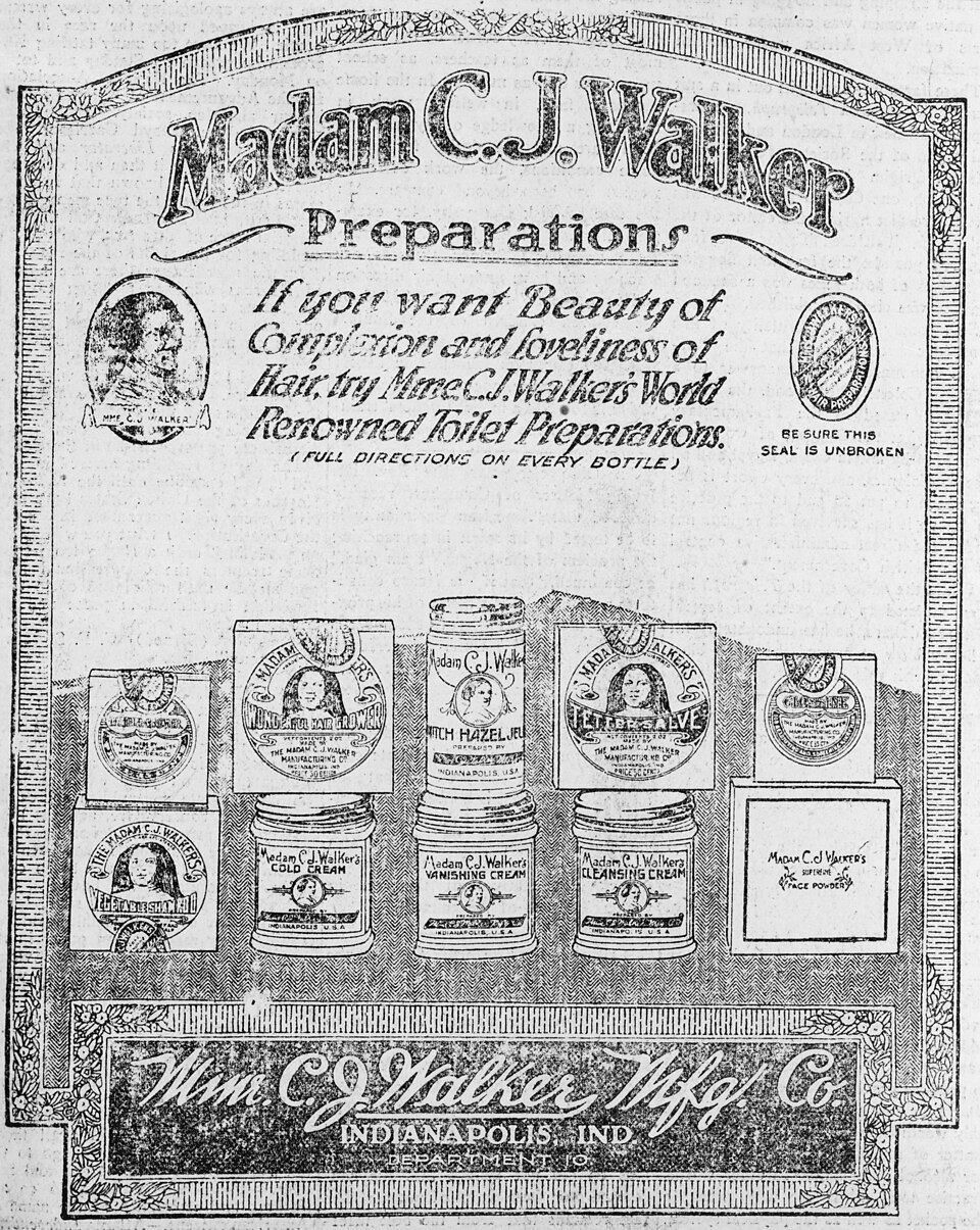 A printed advertisement for Madam C. J. Walker hair preparations