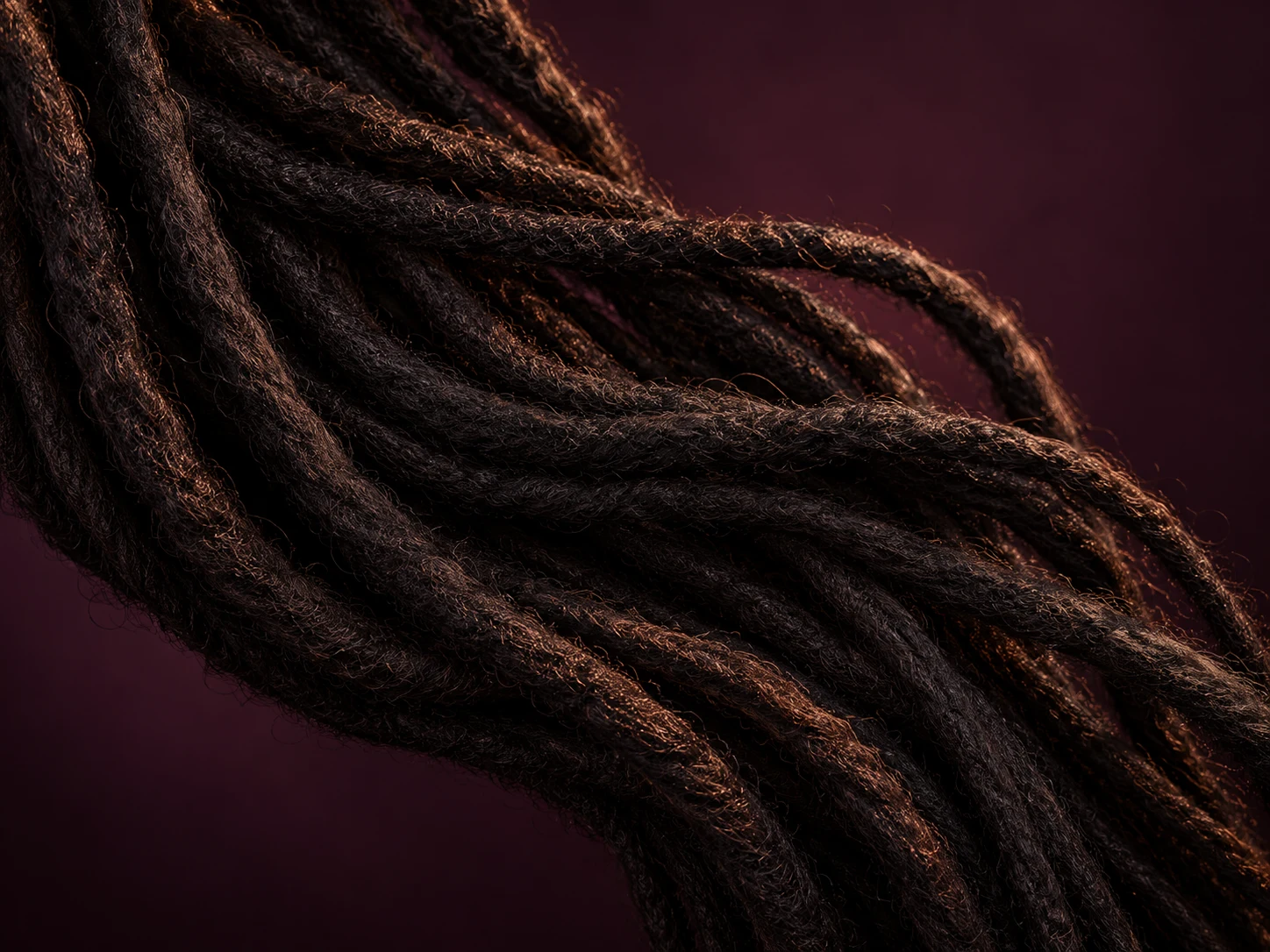 Close-up study of locs with warm copper highlights